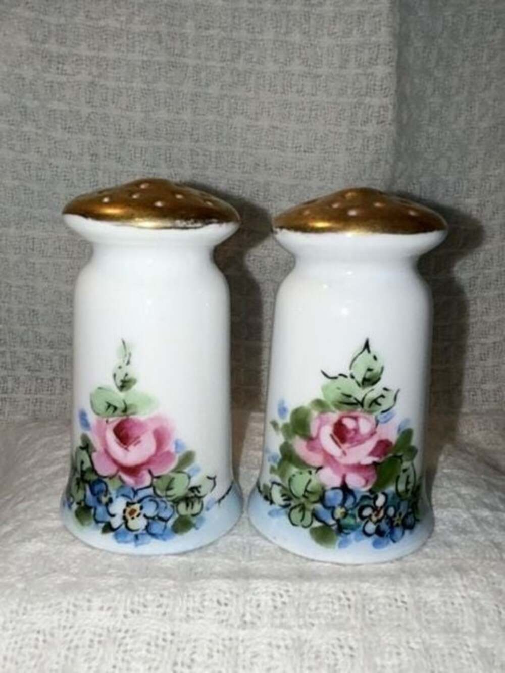 Vintage Porcelain Floral Salt and Pepper Shakers with Gold Trim